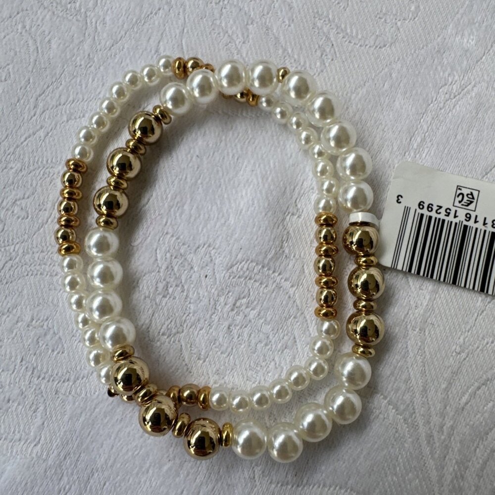 Aqua Pearl Goldtone 2 Pc Stretch Stackable Bracelet 14K Plated NWT $80